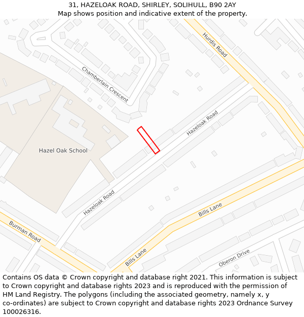 31, HAZELOAK ROAD, SHIRLEY, SOLIHULL, B90 2AY: Location map and indicative extent of plot