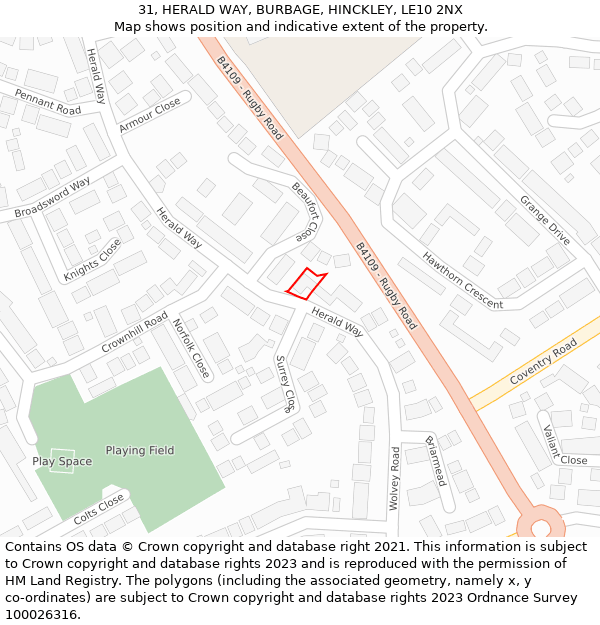 31, HERALD WAY, BURBAGE, HINCKLEY, LE10 2NX: Location map and indicative extent of plot