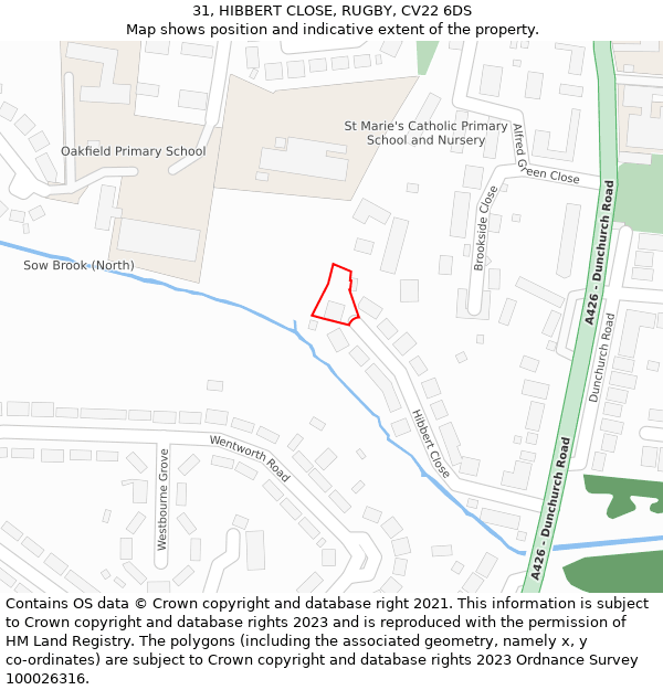 31, HIBBERT CLOSE, RUGBY, CV22 6DS: Location map and indicative extent of plot