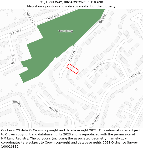 31, HIGH WAY, BROADSTONE, BH18 9NB: Location map and indicative extent of plot