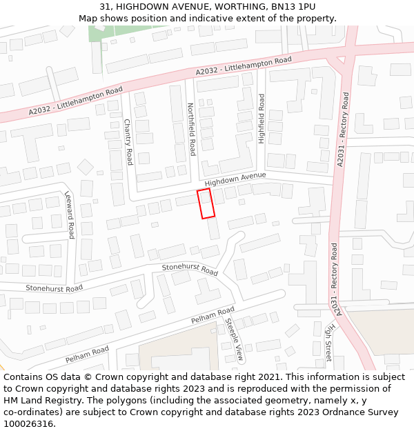 31, HIGHDOWN AVENUE, WORTHING, BN13 1PU: Location map and indicative extent of plot