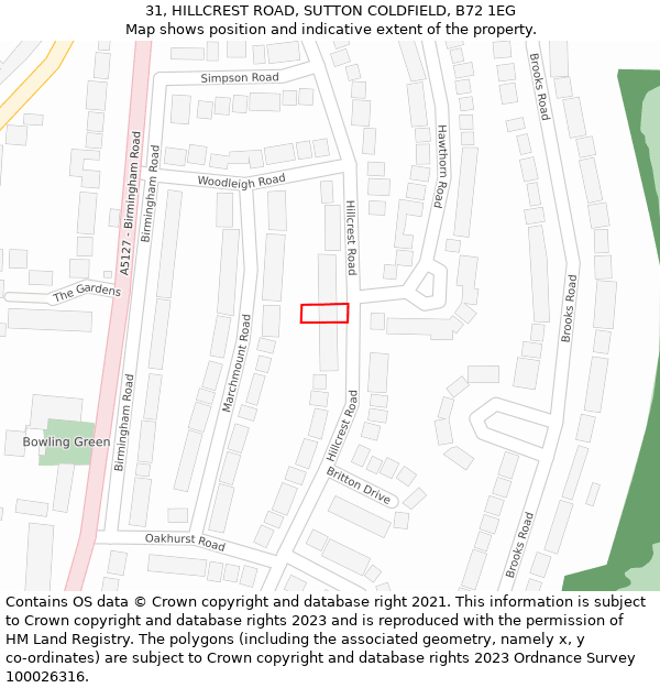 31, HILLCREST ROAD, SUTTON COLDFIELD, B72 1EG: Location map and indicative extent of plot