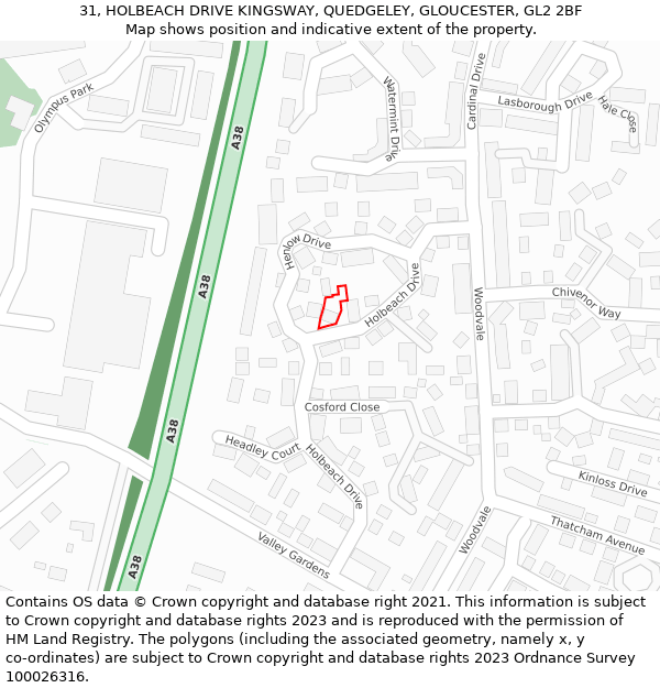 31, HOLBEACH DRIVE KINGSWAY, QUEDGELEY, GLOUCESTER, GL2 2BF: Location map and indicative extent of plot