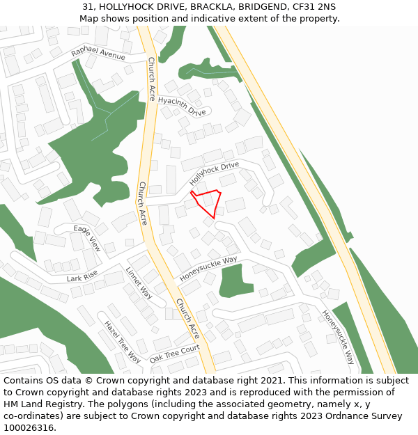 31, HOLLYHOCK DRIVE, BRACKLA, BRIDGEND, CF31 2NS: Location map and indicative extent of plot