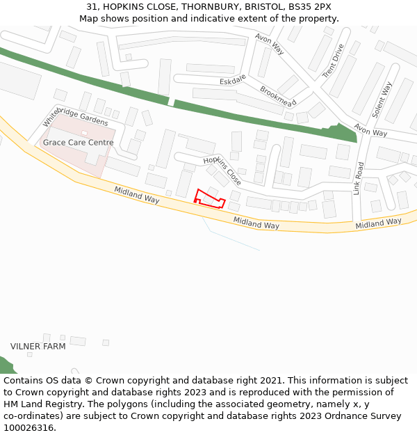 31, HOPKINS CLOSE, THORNBURY, BRISTOL, BS35 2PX: Location map and indicative extent of plot