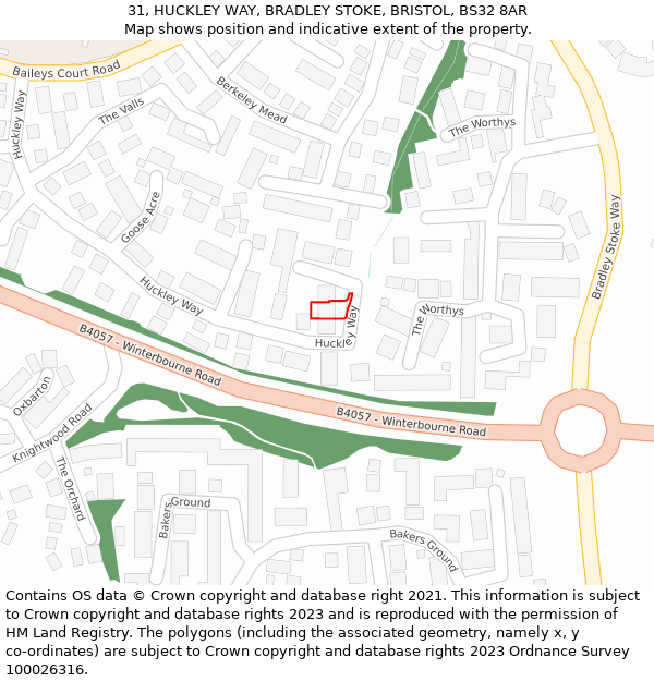 31, HUCKLEY WAY, BRADLEY STOKE, BRISTOL, BS32 8AR: Location map and indicative extent of plot