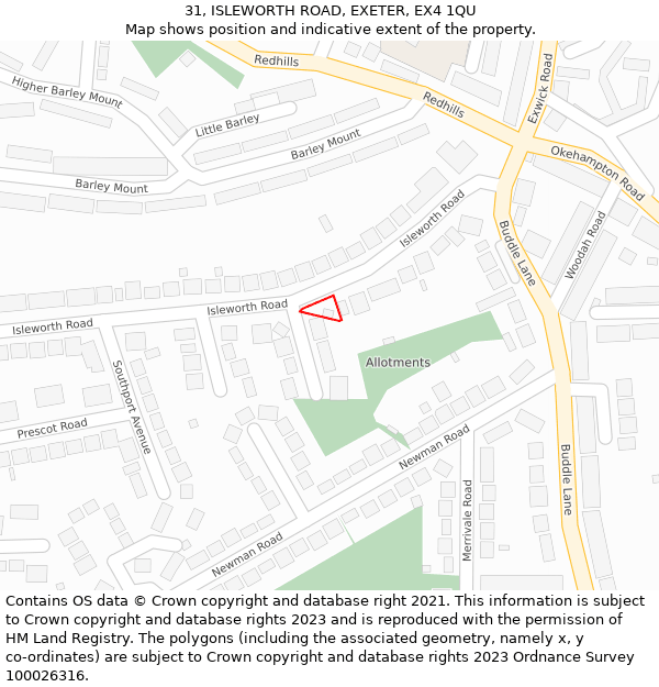 31, ISLEWORTH ROAD, EXETER, EX4 1QU: Location map and indicative extent of plot