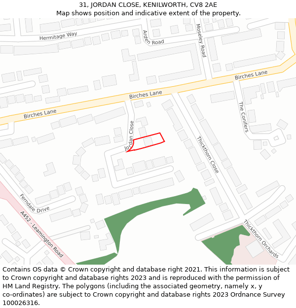 31, JORDAN CLOSE, KENILWORTH, CV8 2AE: Location map and indicative extent of plot