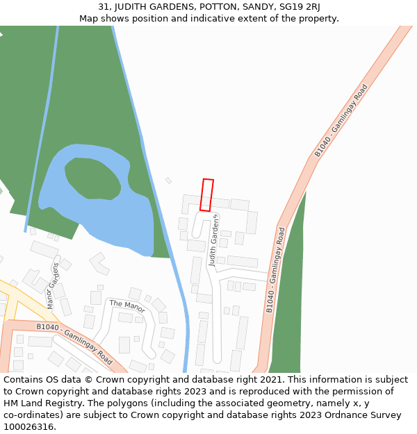 31, JUDITH GARDENS, POTTON, SANDY, SG19 2RJ: Location map and indicative extent of plot