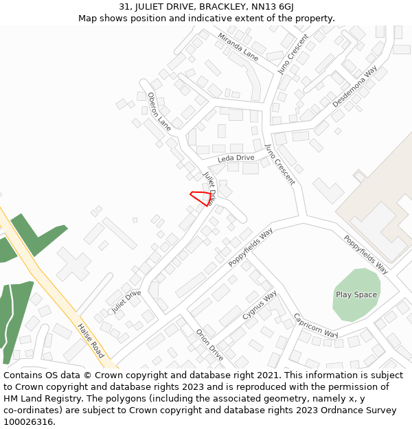 31, JULIET DRIVE, BRACKLEY, NN13 6GJ: Location map and indicative extent of plot