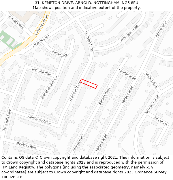 31, KEMPTON DRIVE, ARNOLD, NOTTINGHAM, NG5 8EU: Location map and indicative extent of plot