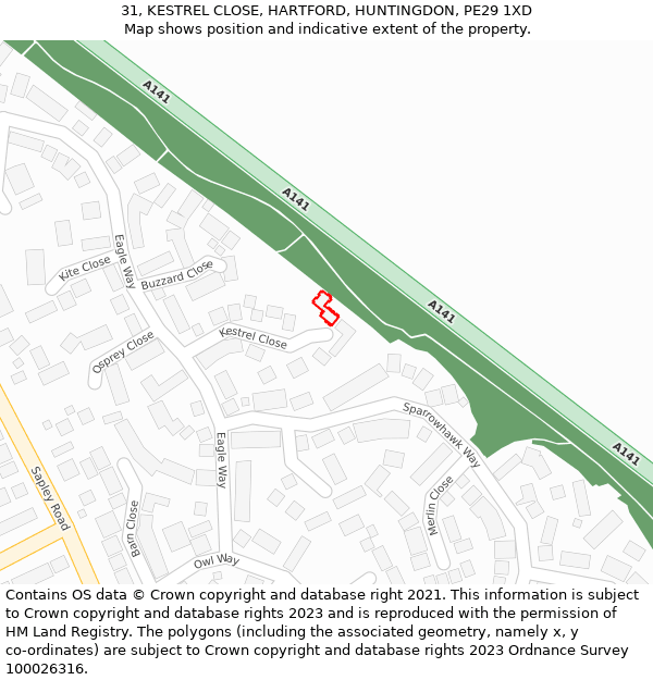 31, KESTREL CLOSE, HARTFORD, HUNTINGDON, PE29 1XD: Location map and indicative extent of plot