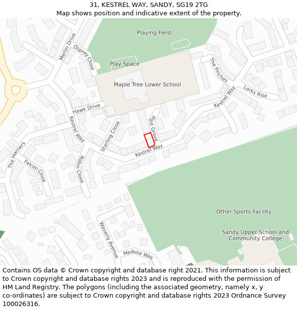 31, KESTREL WAY, SANDY, SG19 2TG: Location map and indicative extent of plot