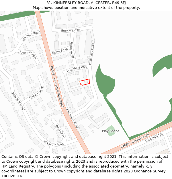 31, KINNERSLEY ROAD, ALCESTER, B49 6FJ: Location map and indicative extent of plot