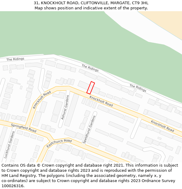 31, KNOCKHOLT ROAD, CLIFTONVILLE, MARGATE, CT9 3HL: Location map and indicative extent of plot