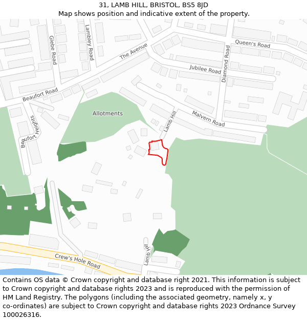 31, LAMB HILL, BRISTOL, BS5 8JD: Location map and indicative extent of plot