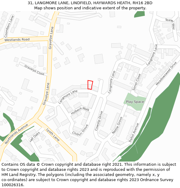 31, LANGMORE LANE, LINDFIELD, HAYWARDS HEATH, RH16 2BD: Location map and indicative extent of plot