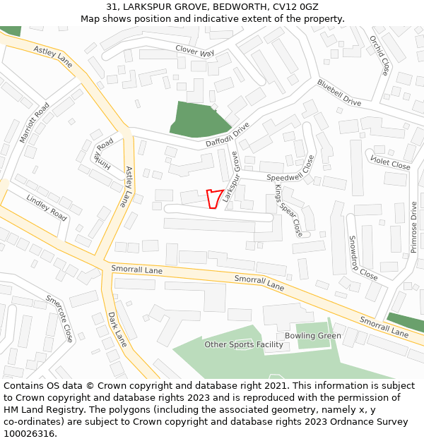 31, LARKSPUR GROVE, BEDWORTH, CV12 0GZ: Location map and indicative extent of plot