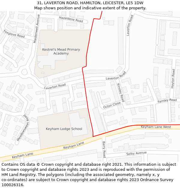 31, LAVERTON ROAD, HAMILTON, LEICESTER, LE5 1DW: Location map and indicative extent of plot