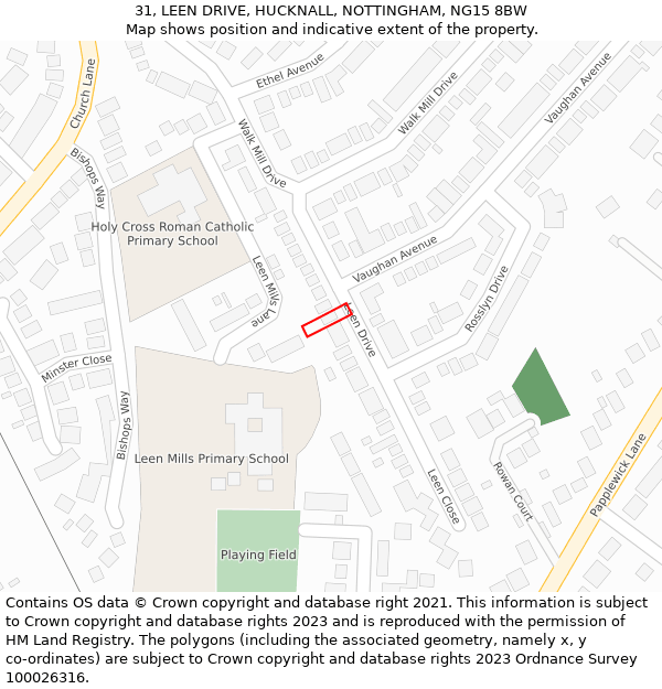 31, LEEN DRIVE, HUCKNALL, NOTTINGHAM, NG15 8BW: Location map and indicative extent of plot