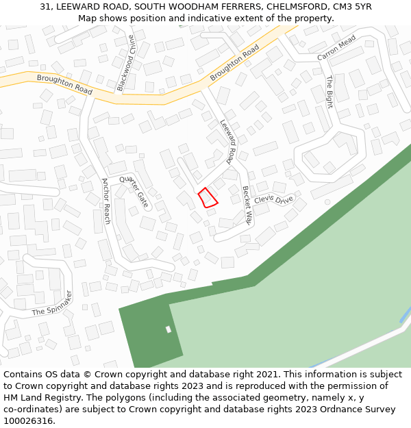 31, LEEWARD ROAD, SOUTH WOODHAM FERRERS, CHELMSFORD, CM3 5YR: Location map and indicative extent of plot