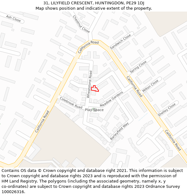 31, LILYFIELD CRESCENT, HUNTINGDON, PE29 1DJ: Location map and indicative extent of plot