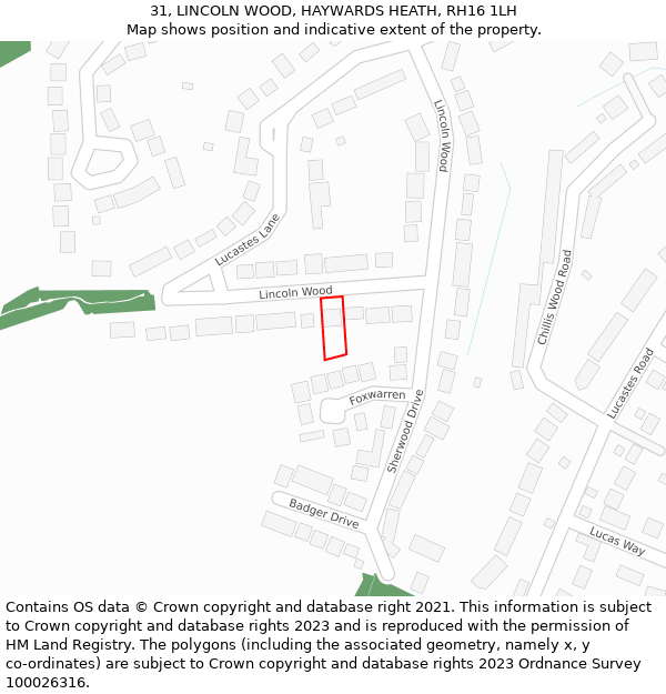 31, LINCOLN WOOD, HAYWARDS HEATH, RH16 1LH: Location map and indicative extent of plot