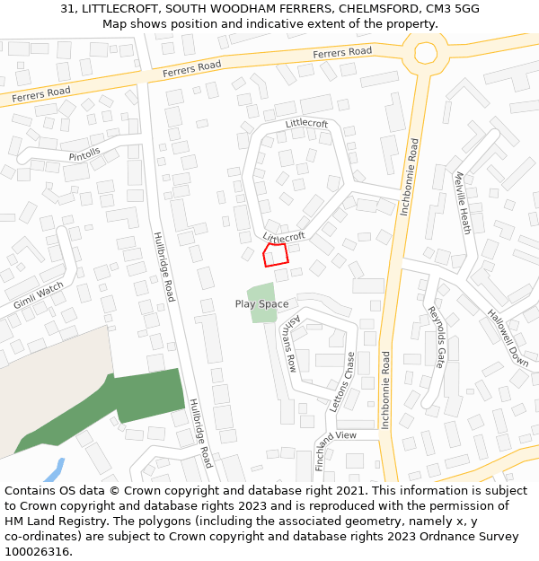 31, LITTLECROFT, SOUTH WOODHAM FERRERS, CHELMSFORD, CM3 5GG: Location map and indicative extent of plot