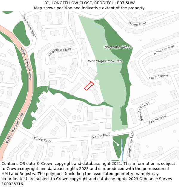 31, LONGFELLOW CLOSE, REDDITCH, B97 5HW: Location map and indicative extent of plot