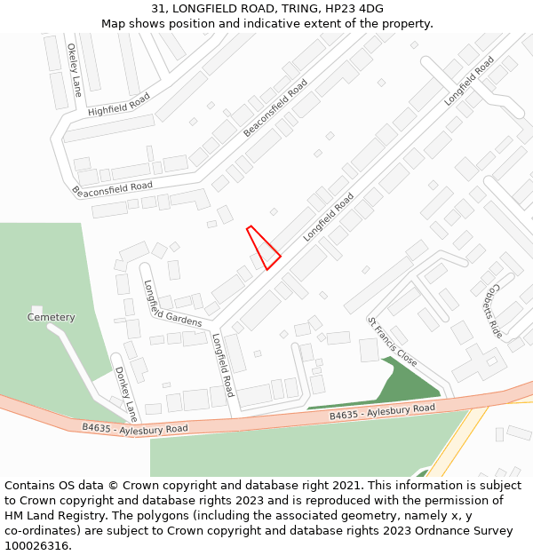 31, LONGFIELD ROAD, TRING, HP23 4DG: Location map and indicative extent of plot