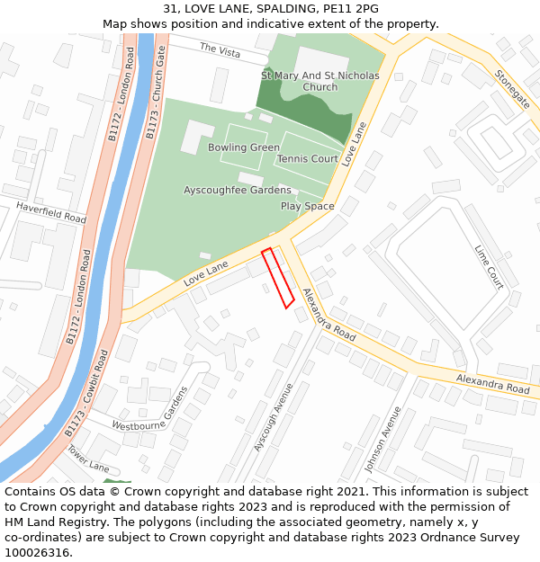 31, LOVE LANE, SPALDING, PE11 2PG: Location map and indicative extent of plot