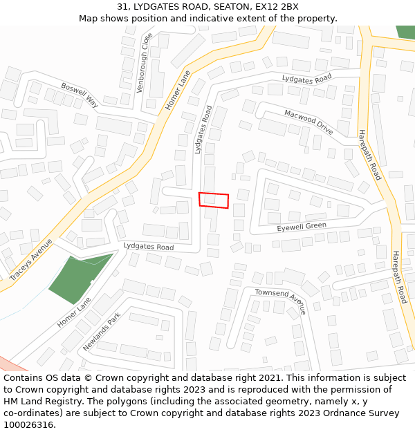 31, LYDGATES ROAD, SEATON, EX12 2BX: Location map and indicative extent of plot