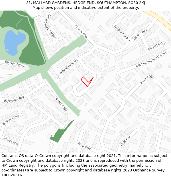 31, MALLARD GARDENS, HEDGE END, SOUTHAMPTON, SO30 2XJ: Location map and indicative extent of plot