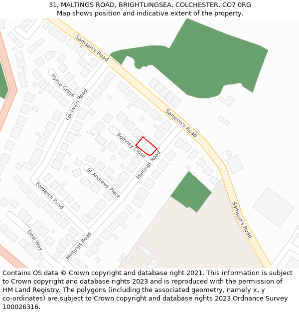 31, MALTINGS ROAD, BRIGHTLINGSEA, COLCHESTER, CO7 0RG: Location map and indicative extent of plot