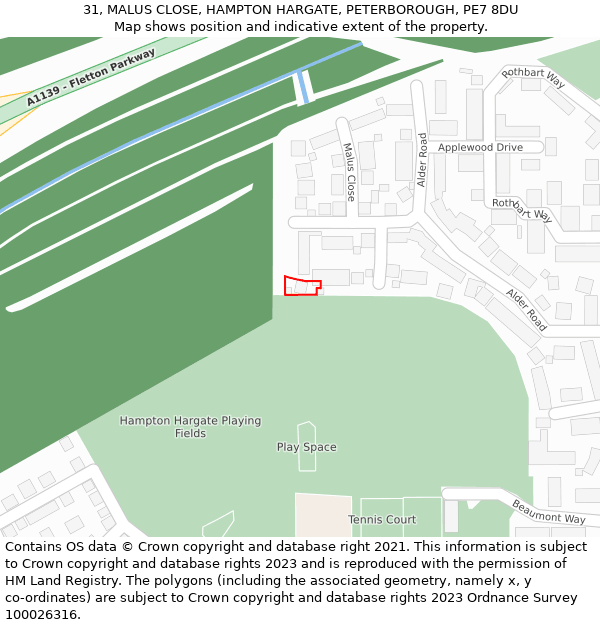 31, MALUS CLOSE, HAMPTON HARGATE, PETERBOROUGH, PE7 8DU: Location map and indicative extent of plot