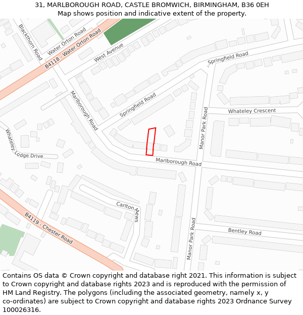 31, MARLBOROUGH ROAD, CASTLE BROMWICH, BIRMINGHAM, B36 0EH: Location map and indicative extent of plot