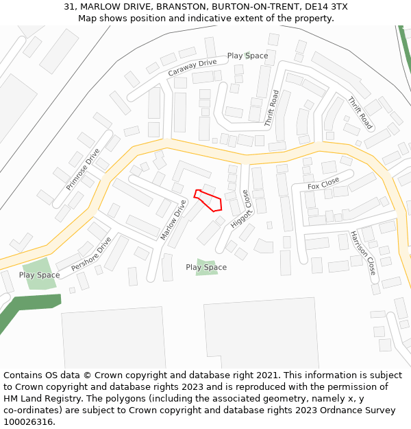 31, MARLOW DRIVE, BRANSTON, BURTON-ON-TRENT, DE14 3TX: Location map and indicative extent of plot