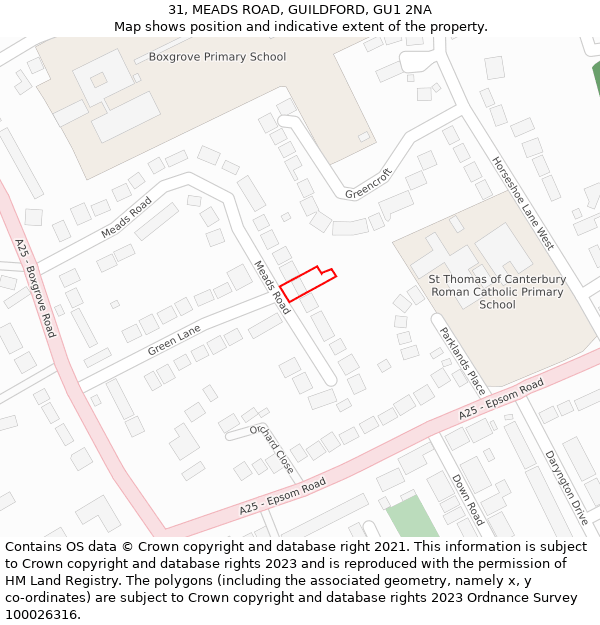 31, MEADS ROAD, GUILDFORD, GU1 2NA: Location map and indicative extent of plot