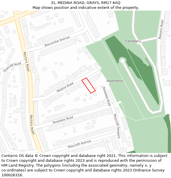 31, MEDINA ROAD, GRAYS, RM17 6AQ: Location map and indicative extent of plot