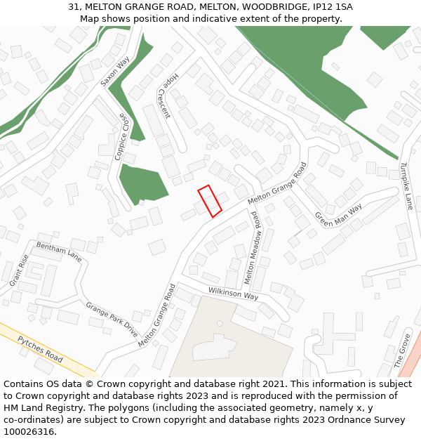 31, MELTON GRANGE ROAD, MELTON, WOODBRIDGE, IP12 1SA: Location map and indicative extent of plot