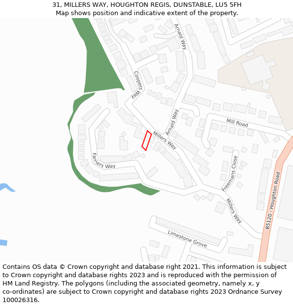 31, MILLERS WAY, HOUGHTON REGIS, DUNSTABLE, LU5 5FH: Location map and indicative extent of plot