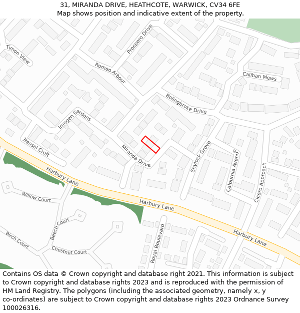 31, MIRANDA DRIVE, HEATHCOTE, WARWICK, CV34 6FE: Location map and indicative extent of plot