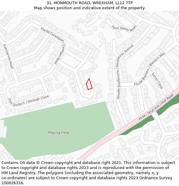 31, MONMOUTH ROAD, WREXHAM, LL12 7TP: Location map and indicative extent of plot