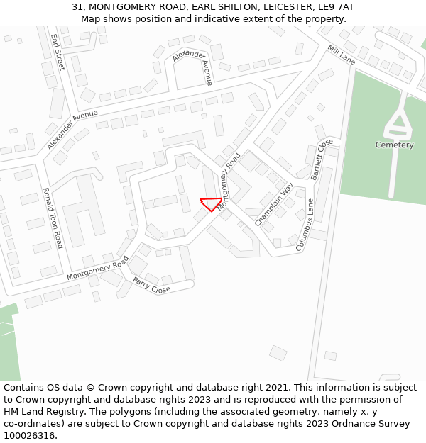 31, MONTGOMERY ROAD, EARL SHILTON, LEICESTER, LE9 7AT: Location map and indicative extent of plot