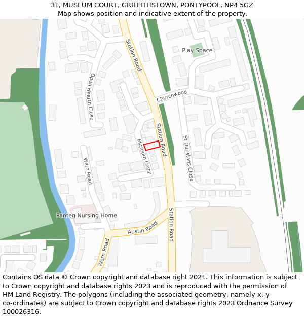 31, MUSEUM COURT, GRIFFITHSTOWN, PONTYPOOL, NP4 5GZ: Location map and indicative extent of plot