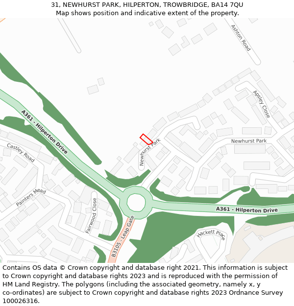 31, NEWHURST PARK, HILPERTON, TROWBRIDGE, BA14 7QU: Location map and indicative extent of plot