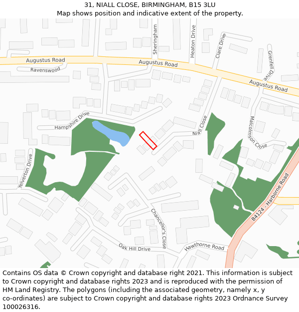 31, NIALL CLOSE, BIRMINGHAM, B15 3LU: Location map and indicative extent of plot