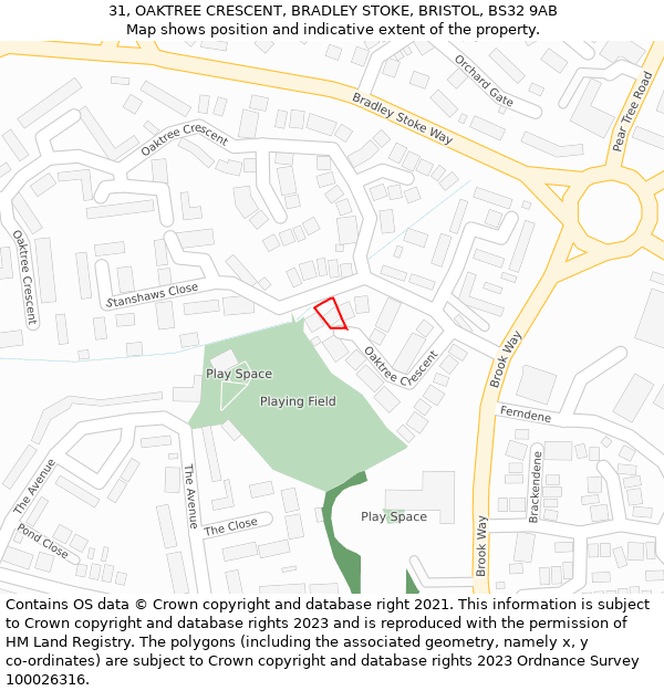 31, OAKTREE CRESCENT, BRADLEY STOKE, BRISTOL, BS32 9AB: Location map and indicative extent of plot