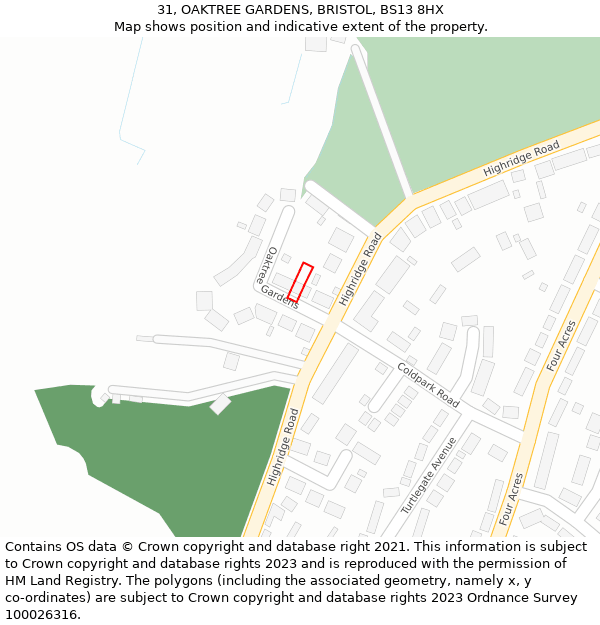 31, OAKTREE GARDENS, BRISTOL, BS13 8HX: Location map and indicative extent of plot