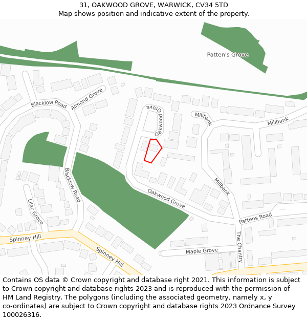 31, OAKWOOD GROVE, WARWICK, CV34 5TD: Location map and indicative extent of plot